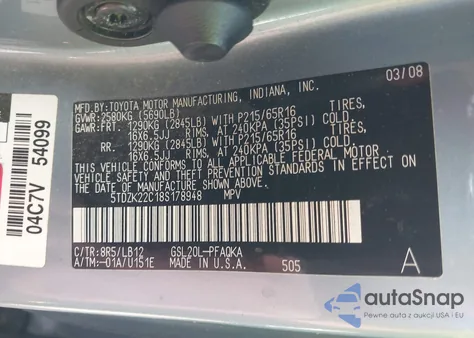 2008 Toyota Sienna Xle from USA, damaged, VIN 5TDZK22C18S178948